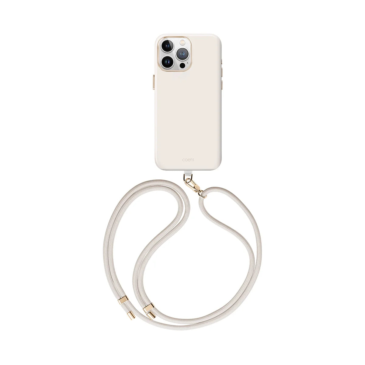 Funda con correa incluida, detalles metálicos, compatible con MagSafe color Marfil para iPhone 15 Pro Max