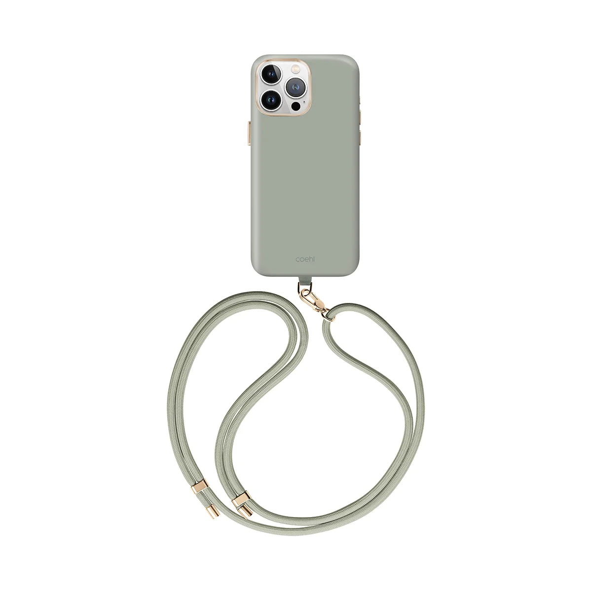Funda con correa incluida, detalles metálicos, compatible con MagSafe color Verde Salvia para iPhone 15 Pro Max